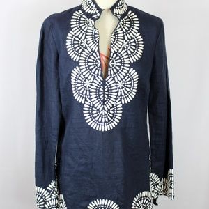 Tory Burch navy and white embroidered linen tunic